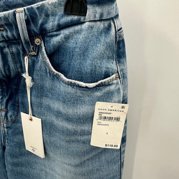 GOOD AMERICAN NWT 90's Icon Bermuda Denim Jean Raw Hem Short in Indigo073 // 2 - Picture 6 of 10